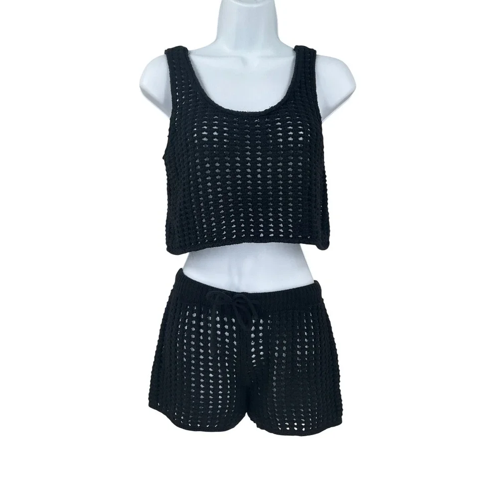 Wild Fable Crochet Knit‎ Set Women XXS Black Crop Top Shorts Boho Festival Beach